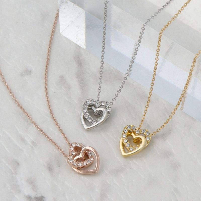 ネックレス ニッケルフリー ダブル ハート メタル ストーン プチ