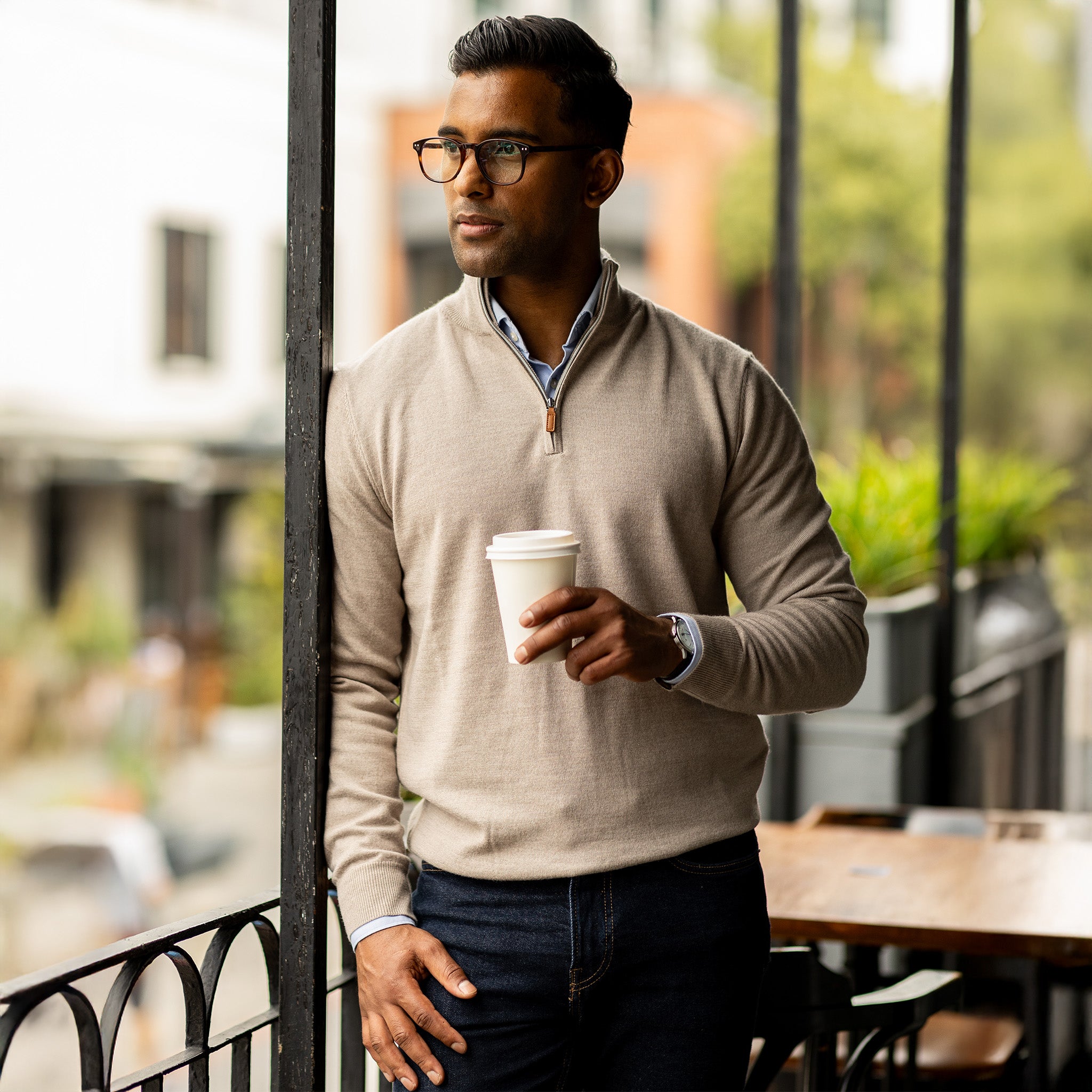 Oatmeal Cashmere Touch Australian Merino Quarter Zip Sweater