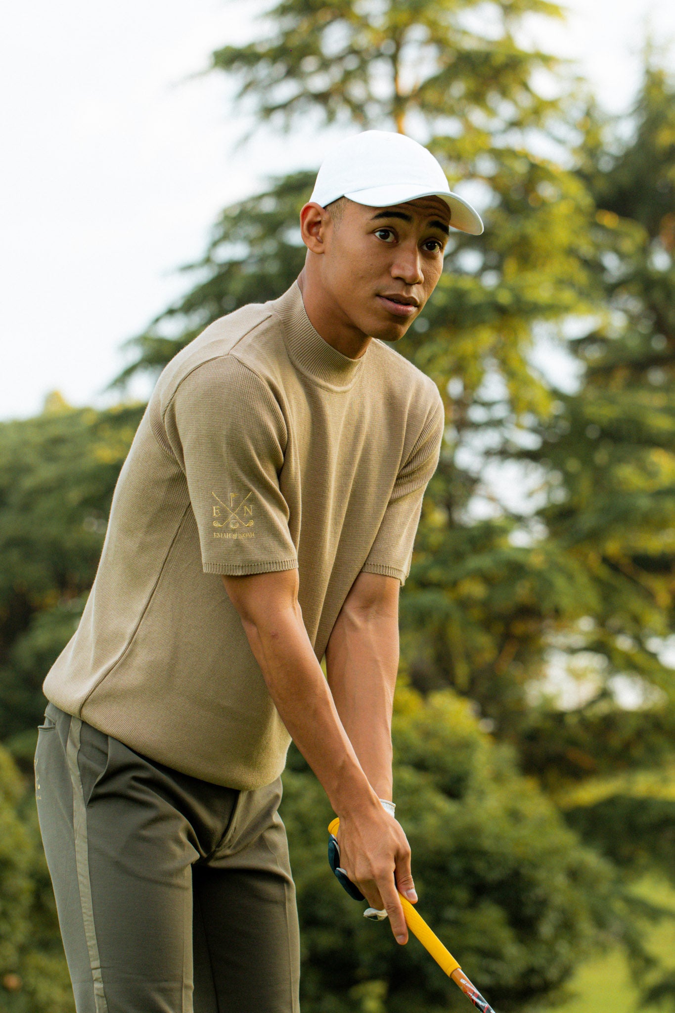 エマノア ゴルフ】 モックネック 半袖 ニット 吸水速乾 ベージュ