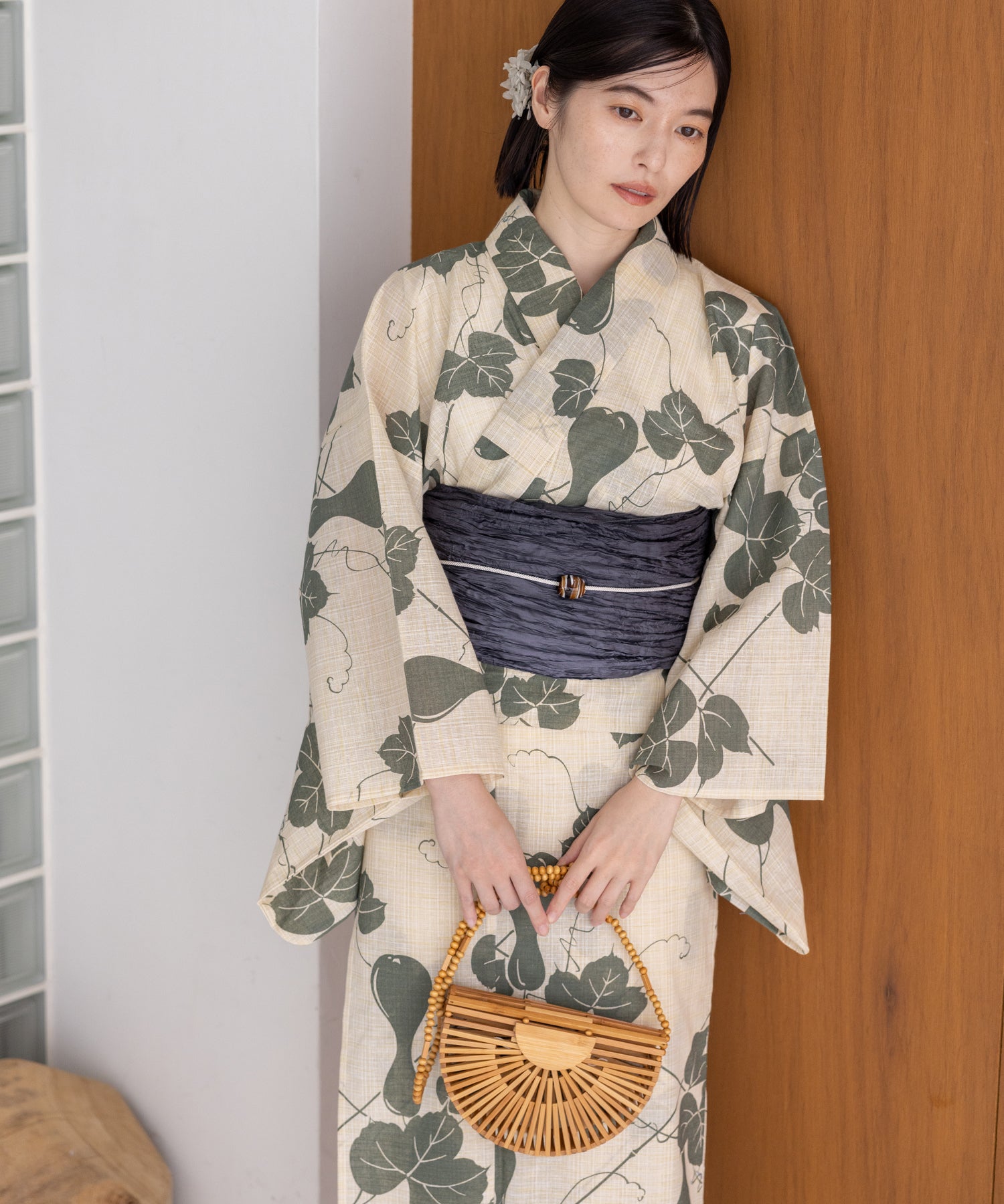 こだわり浴衣5点セット(浴衣/帯/下駄/腰紐/着付け冊子) 麻混 綿麻 先