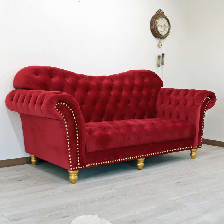 3人掛けソファー 3Pソファ ハイバック ベロア レッド 3人がけ ｜ 輸入