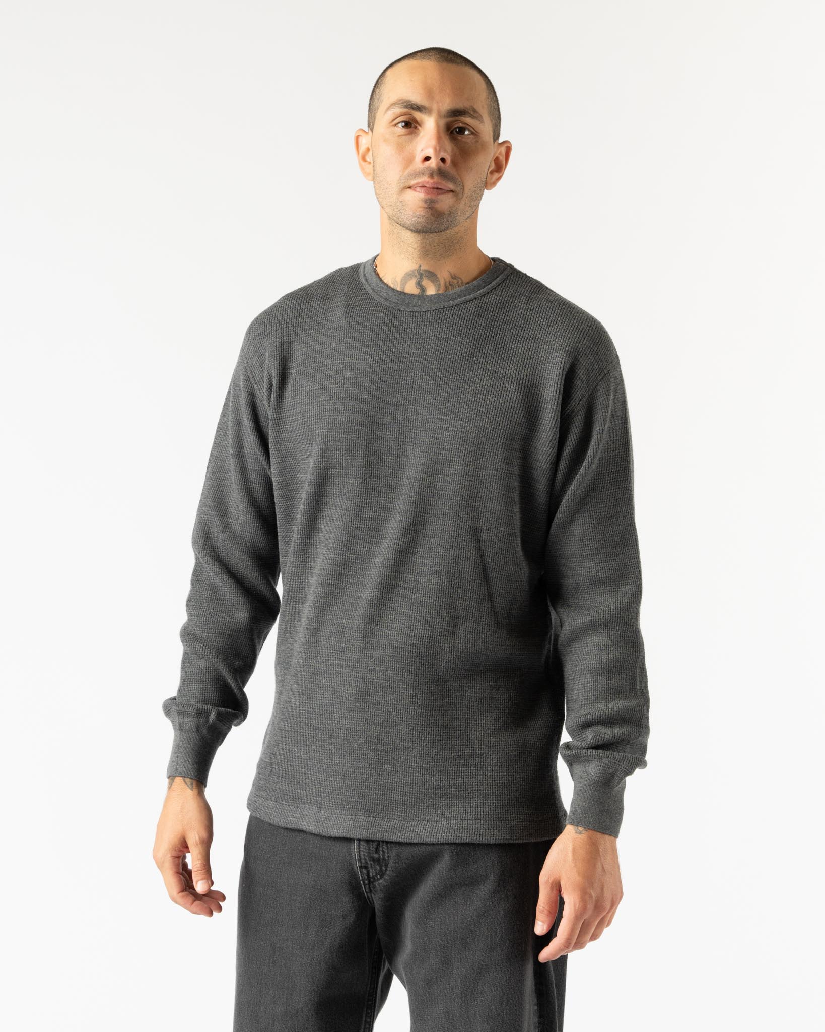 Auralee Wool Cotton Thermal Pullover in Top Charcoal Curated at