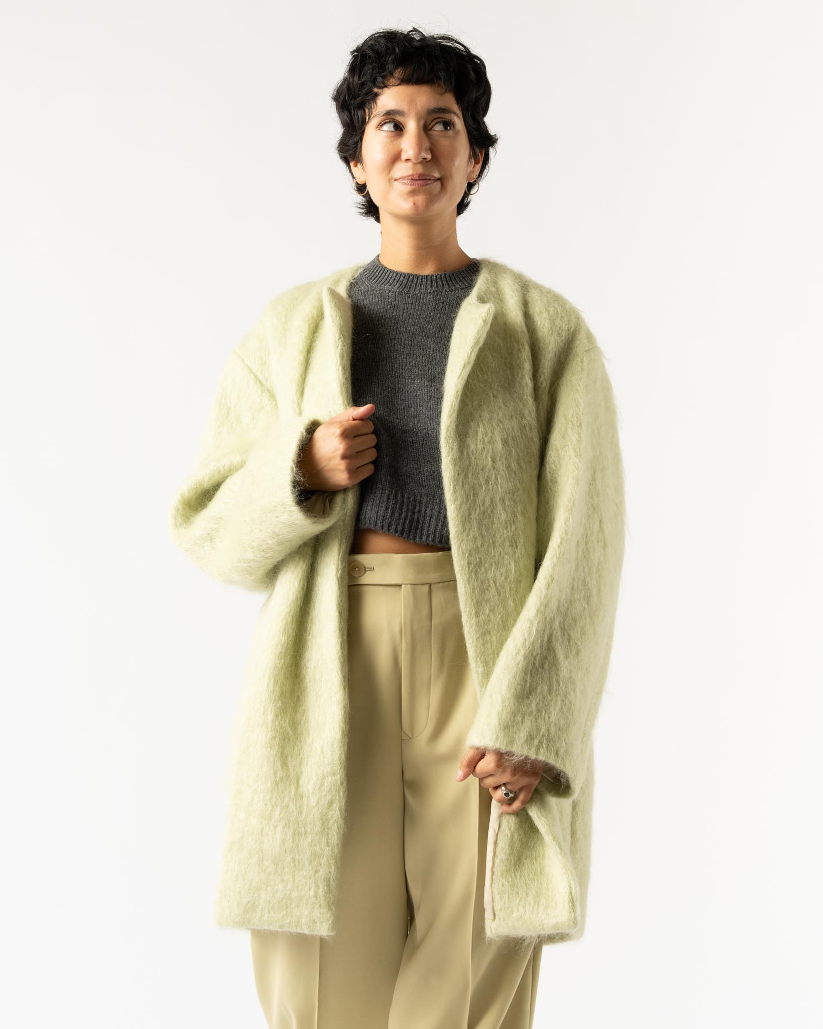Auralee Brushed Mohair Shaggy Coat in Khaki Curated at Jake and Jones