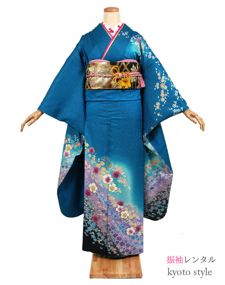 振袖 レンタル フルセット 青 ブルー コバルトブルー 適応身長161cm