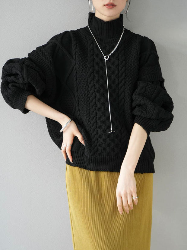 予約]ポリエステルケーブルハイネックニットプルオーバー/ブラック