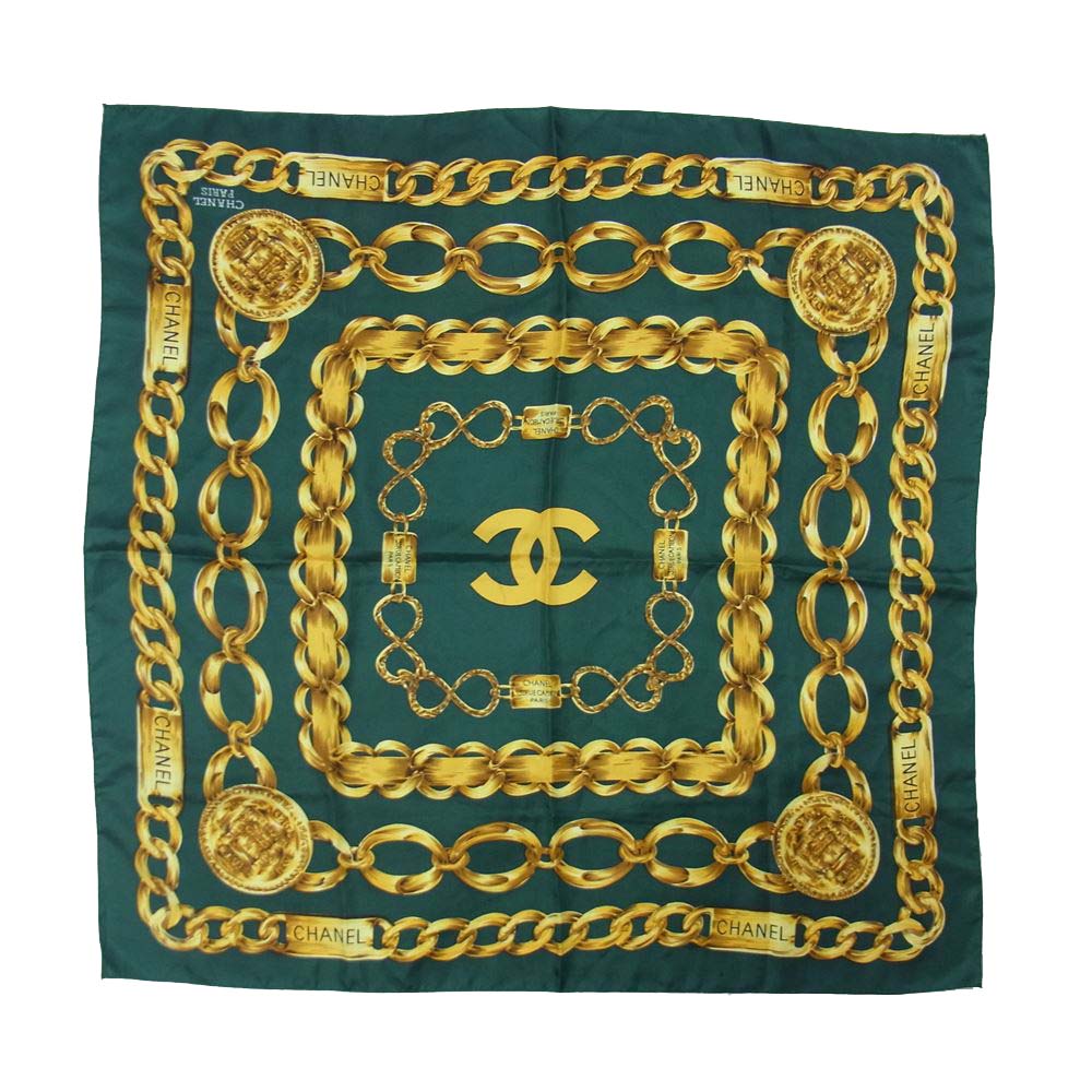 CHANEL シャネル チェーン ベルト 柄 スカーフ タグ無し グリーン系