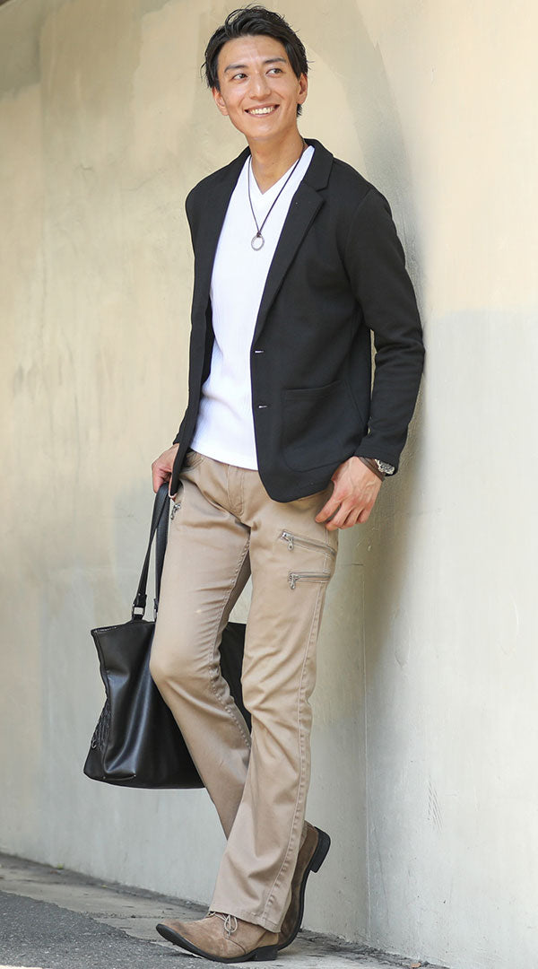 黒ジャケット 白Tシャツ ベージュパンツ snp_ce0324のコーディネート例