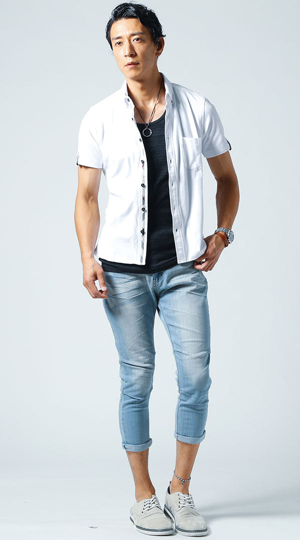 白シャツ 杢ブラックタンクトップ ブルーデニムパンツ snp_jv1214の