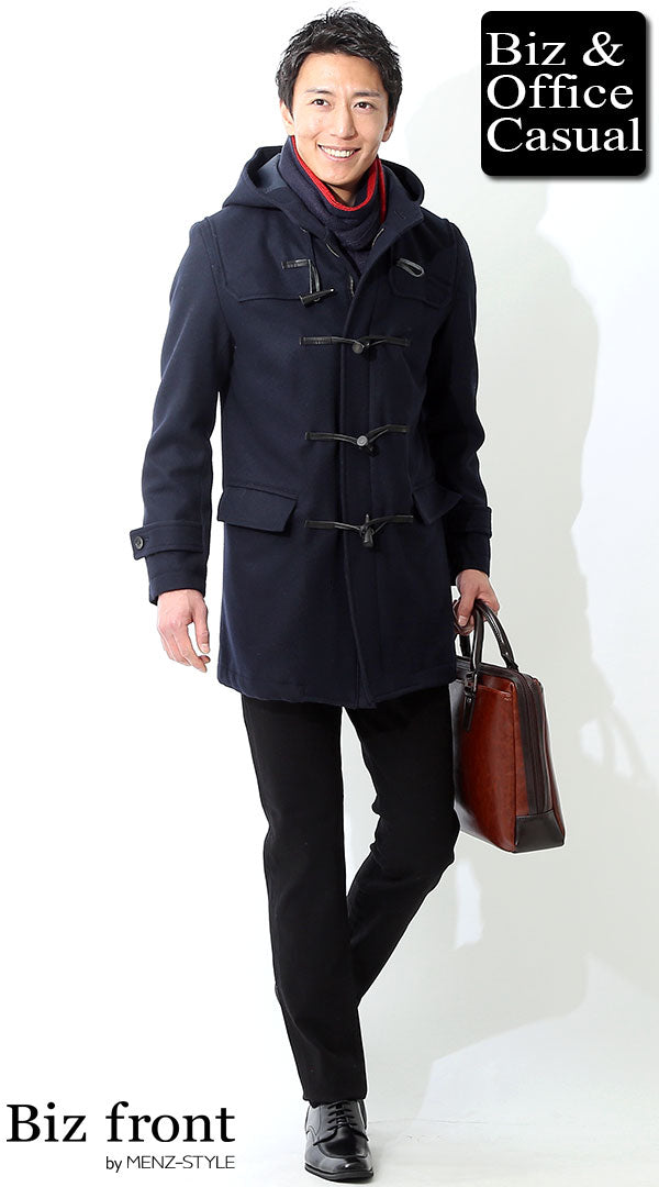 ネイビーメルトンダッフルコート×チャコールセーター×黒スリムパンツ