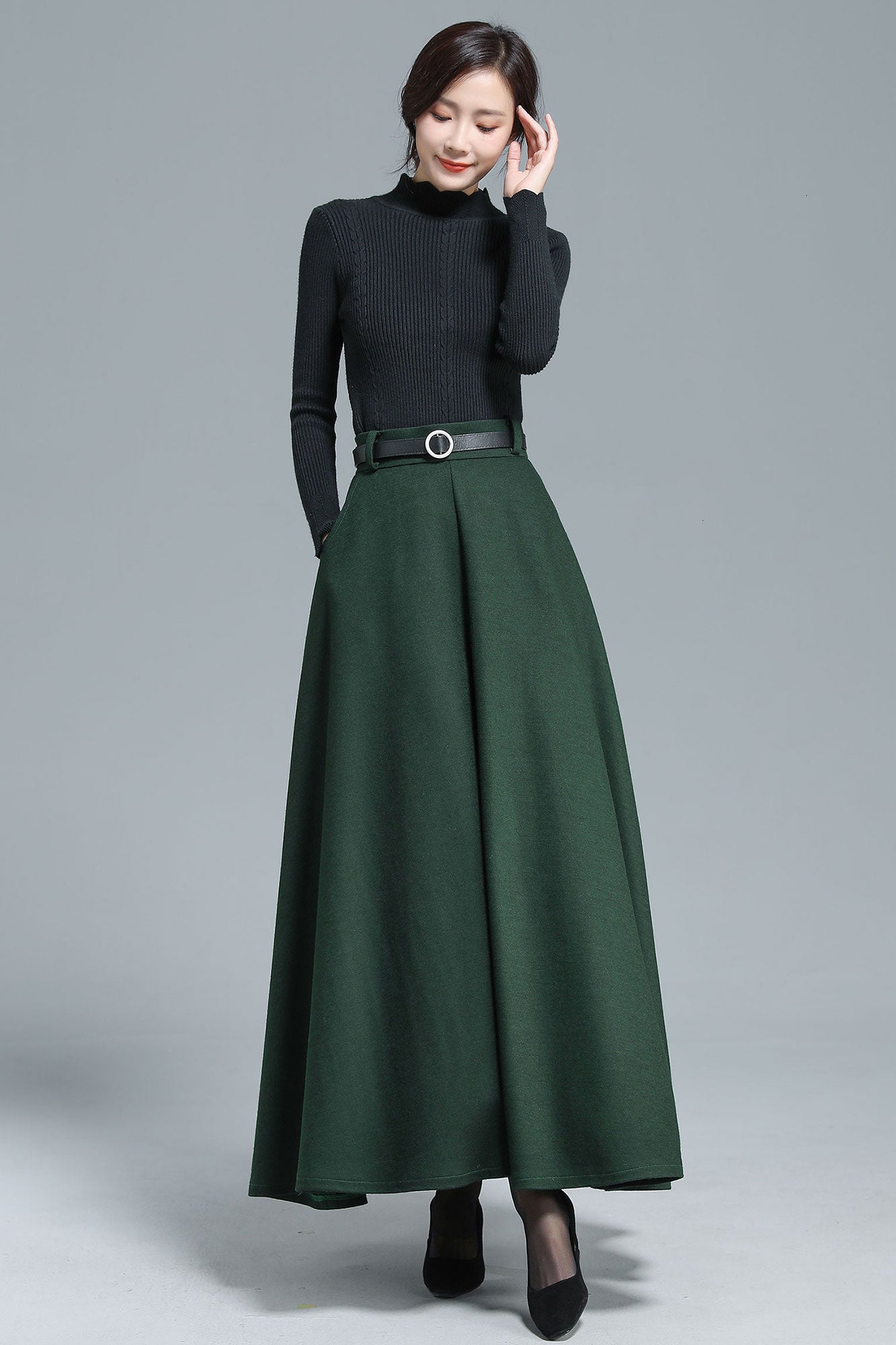 Dark Green Wool Maxi Skirt – High Waist Ankle Length Winter Skirt
