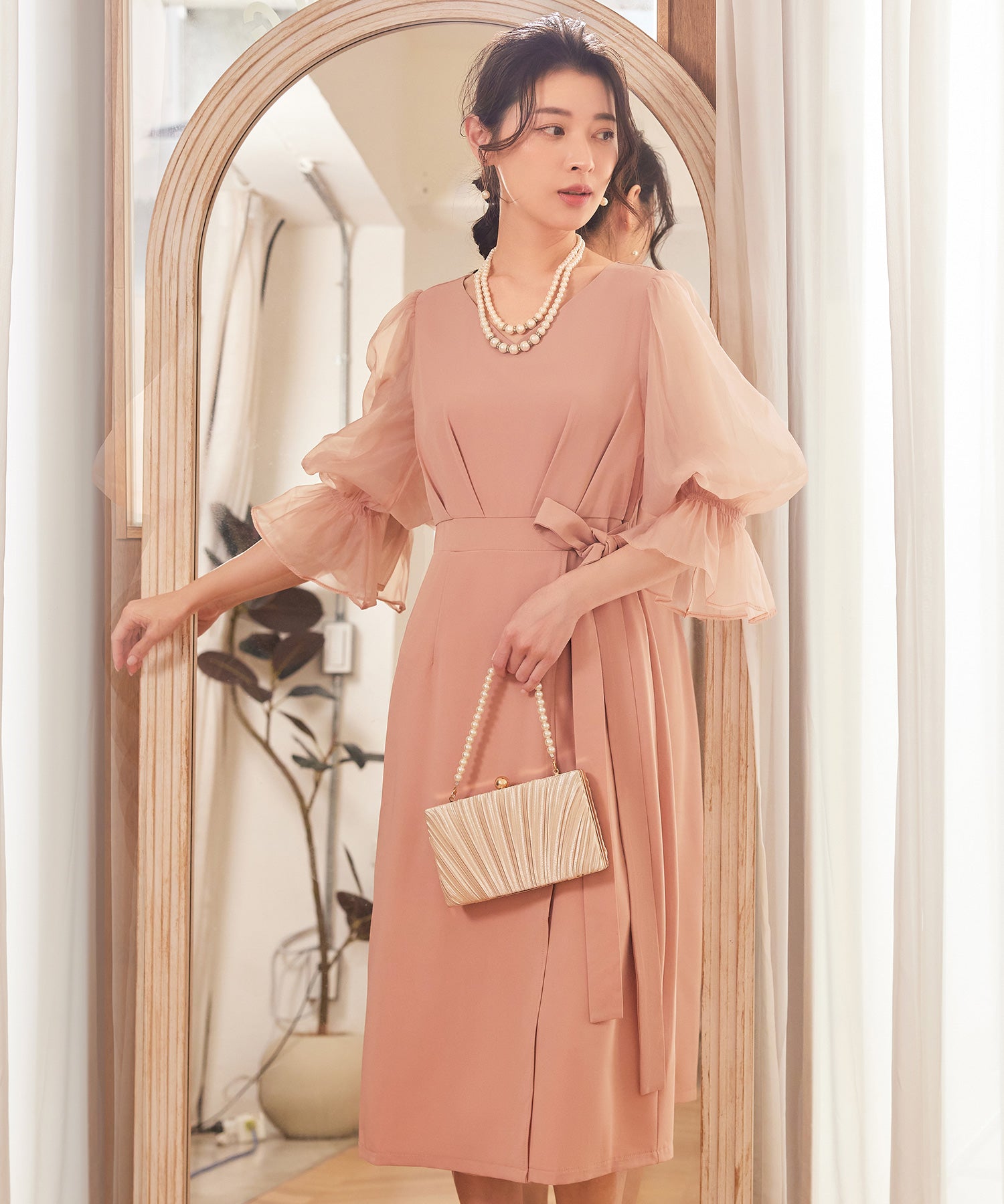 パーティードレス 結婚式 ワンピース シアー素材cy88613 コーラル