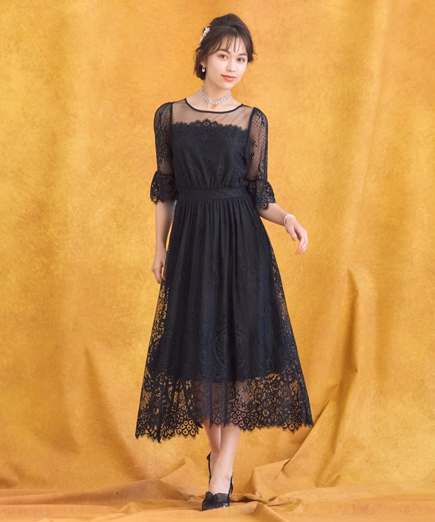 ワンピース ドレス レース チュール フレア Aライン ミモレ丈