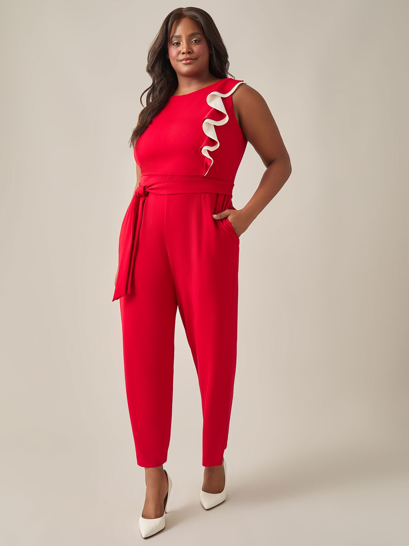 Ruffle Shoulder Jumpsuit, Crimson in Crimson/Cream | Kasper