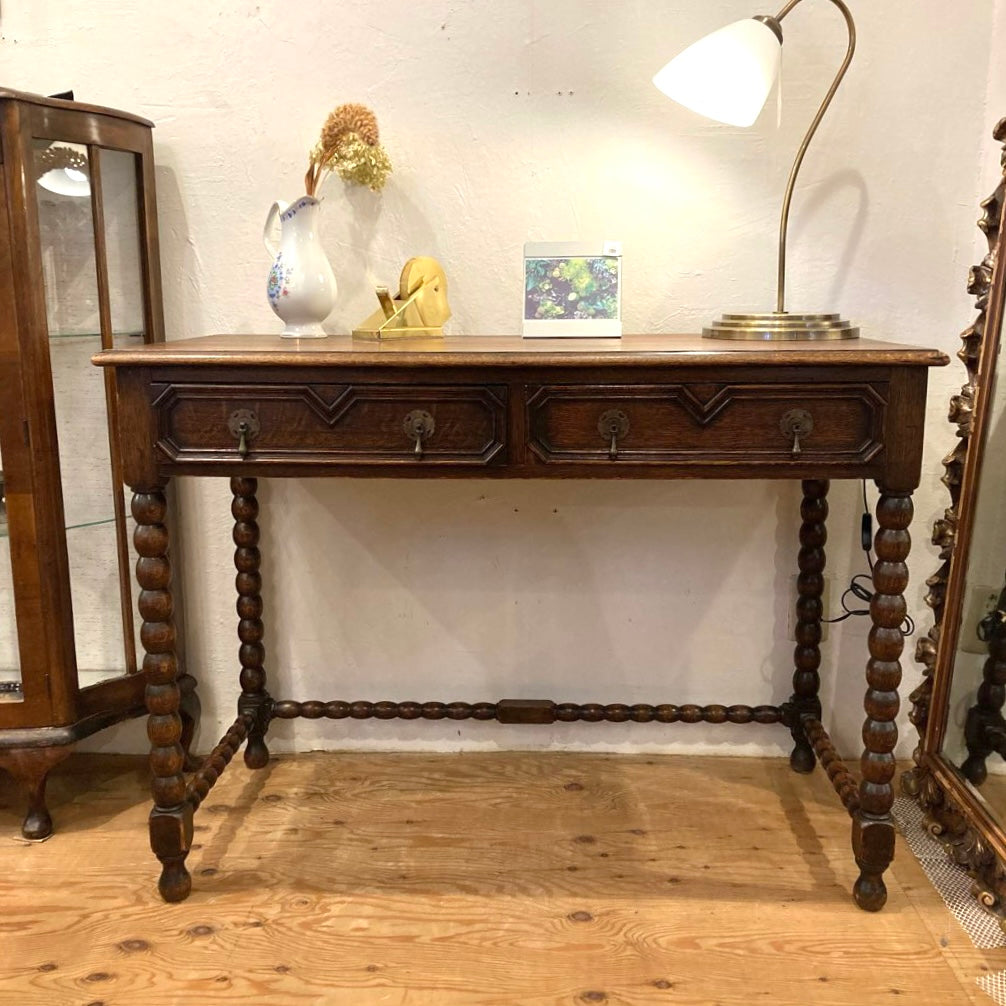 イギリス アンティーク デスク 引出し付き 中古 机 木 2杯 シンプル