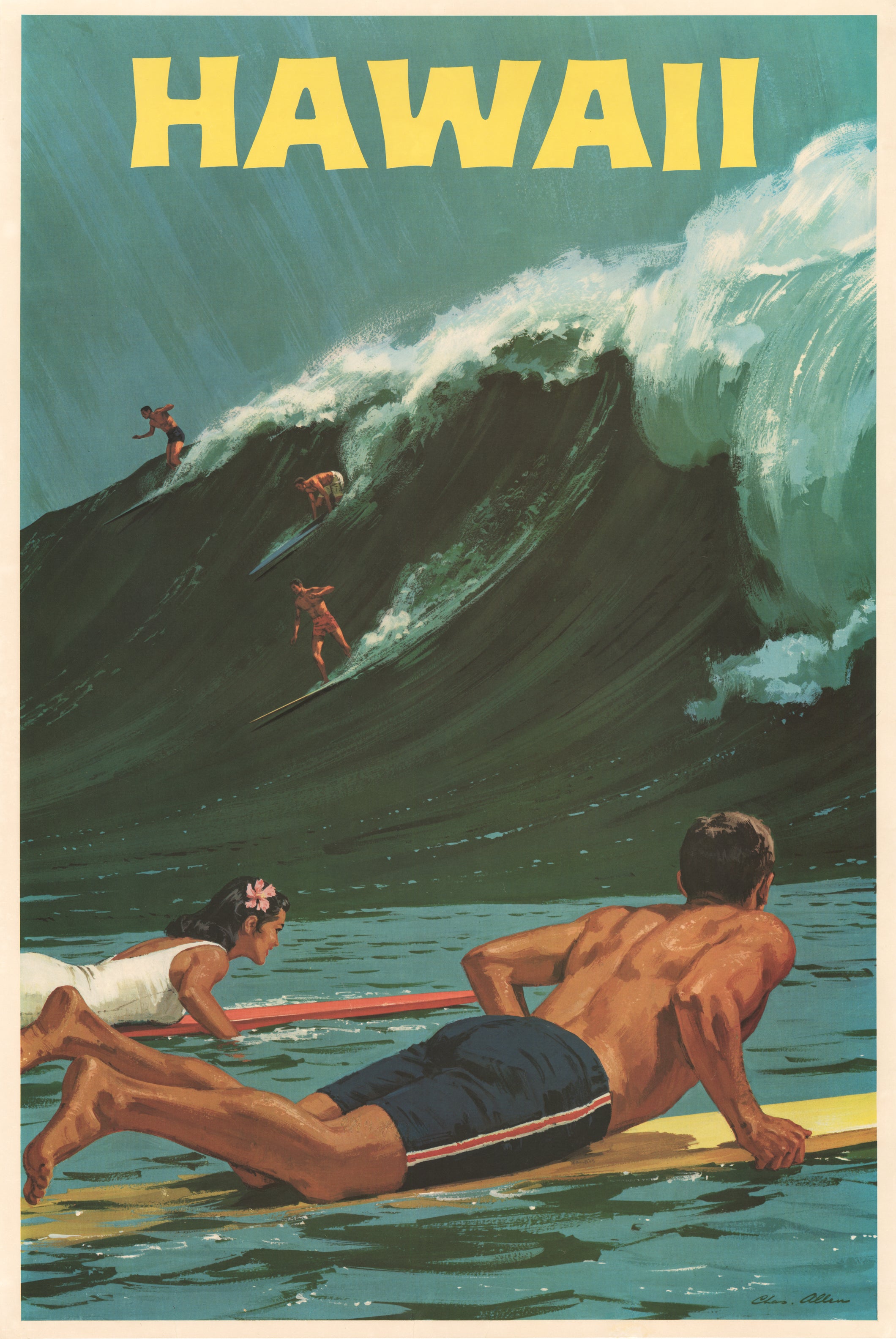 Vintage Travel Poster Hawaii: Big Wave Surfing by: Charles Chas