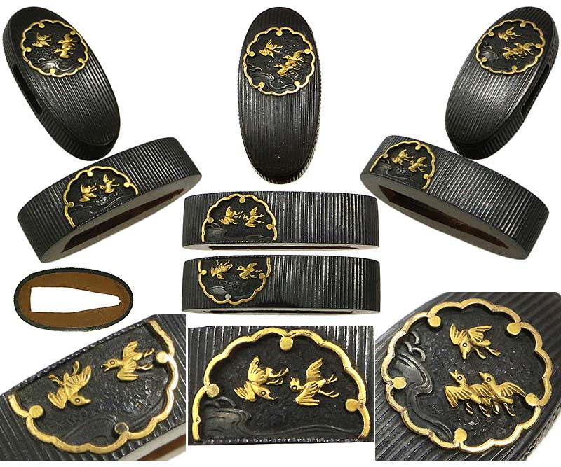 日本刀の縁頭｜赤銅千筋彫雪輪窓絵に波千鳥地図｜日本刀専門店・東京