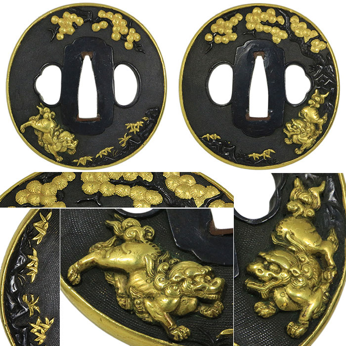 獅*丸様 伝統的な日本の鉄製鍔、木製ケース付き 獅*丸様 伝統的な日本