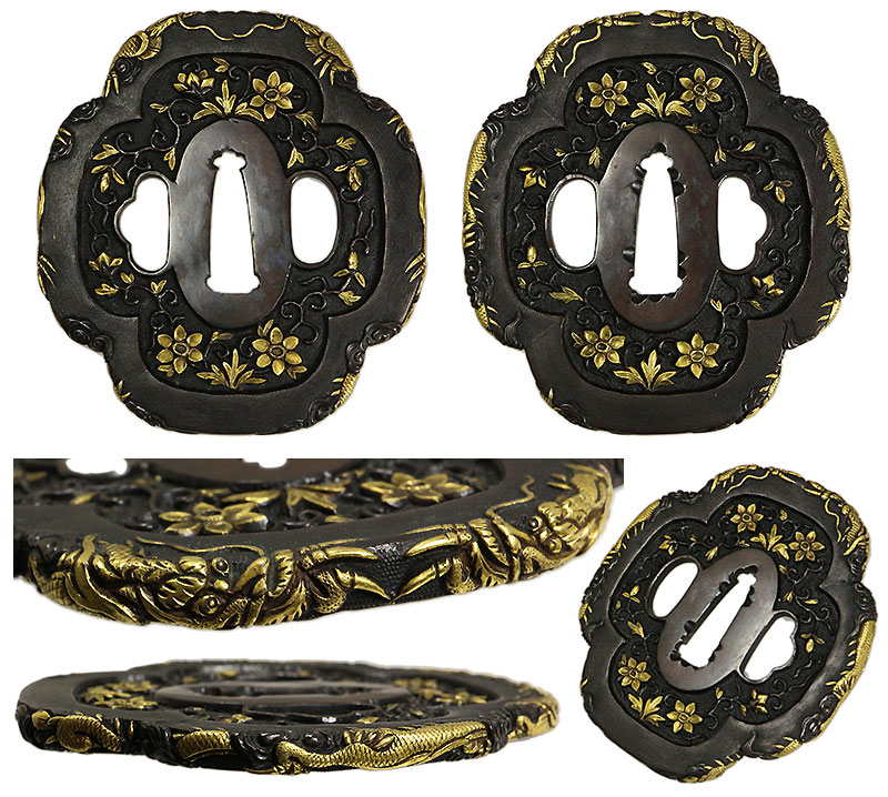 鉄製 鍔 二羽の鳥 金色装飾付き 鉄製 鍔 二羽の鳥 金色