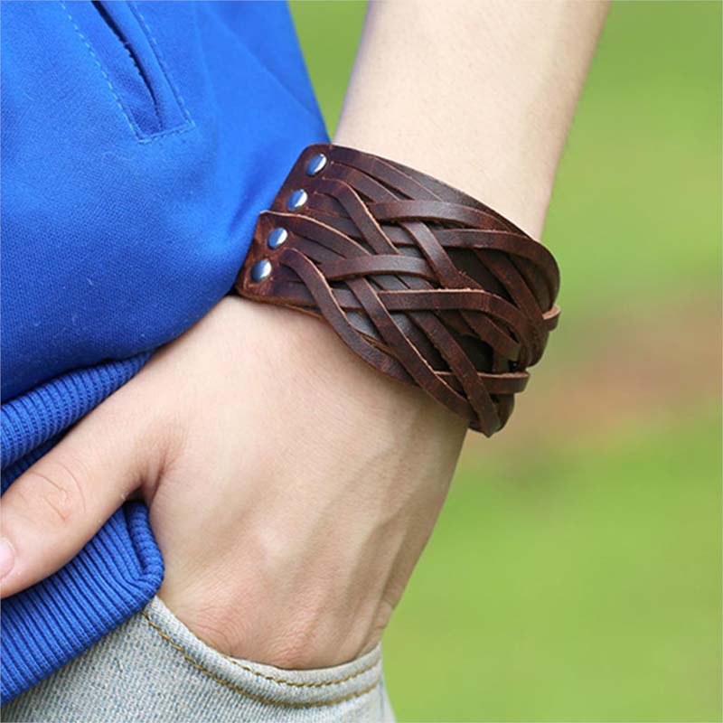 楽天市場】ブラウンダブル編み込みワイドハンドカフレザーブレスレット