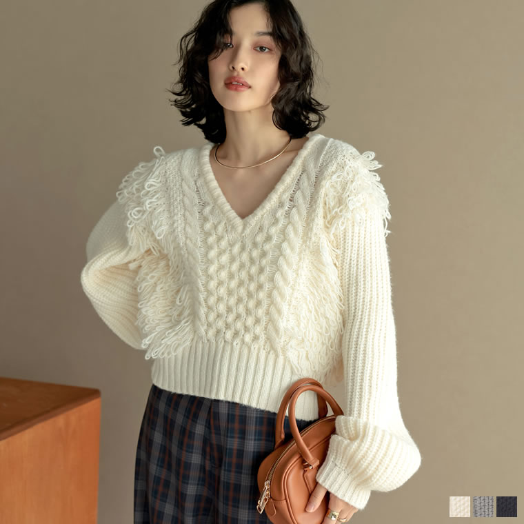 楽天市場】【SPECIAL FAIR】バルキーループ編地切り替えVネックニット