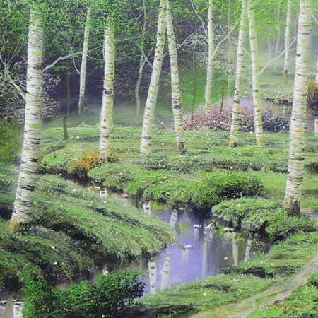 油彩画】早瀬遼 作 白樺林 肉筆画 F10 新緑美しく春〜夏に運気向上する