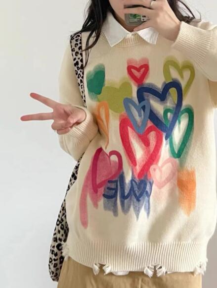 楽天市場】ダメージ ニット 長袖 セーター ハート柄 カラフル 韓国
