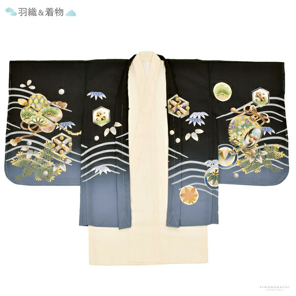 楽天市場】七五三 着物 男の子 5歳 羽織袴セット「黒 鷹に波、笹」フル