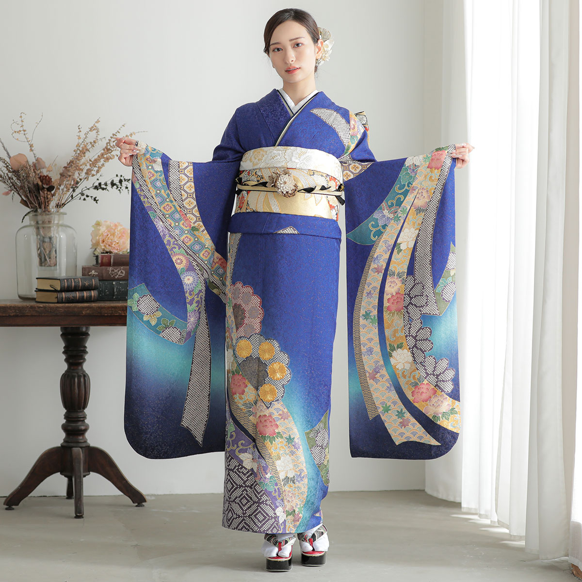 楽天市場】【振袖 レンタル】 結婚式 結納R1429 正絹 青 熨斗に菊花