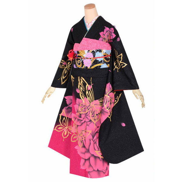 楽天市場】【成人式 振袖 レンタル】RS1617 正絹 黒 バラに蝶（絹
