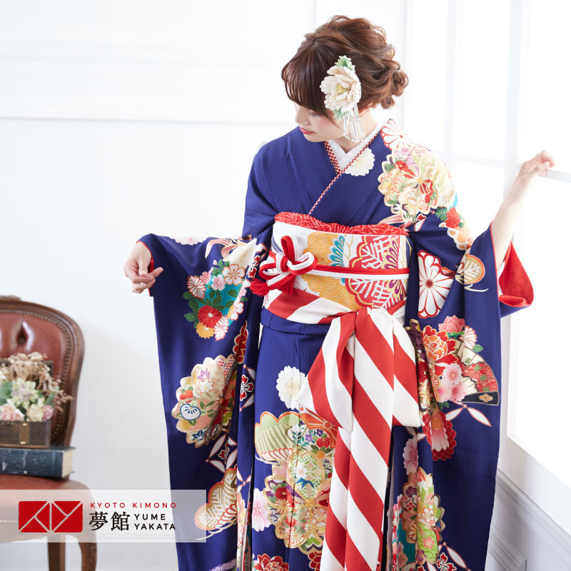 楽天市場】【成人式 振袖 レンタル】RS1621 正絹 紺 松笹に桜と菊フル