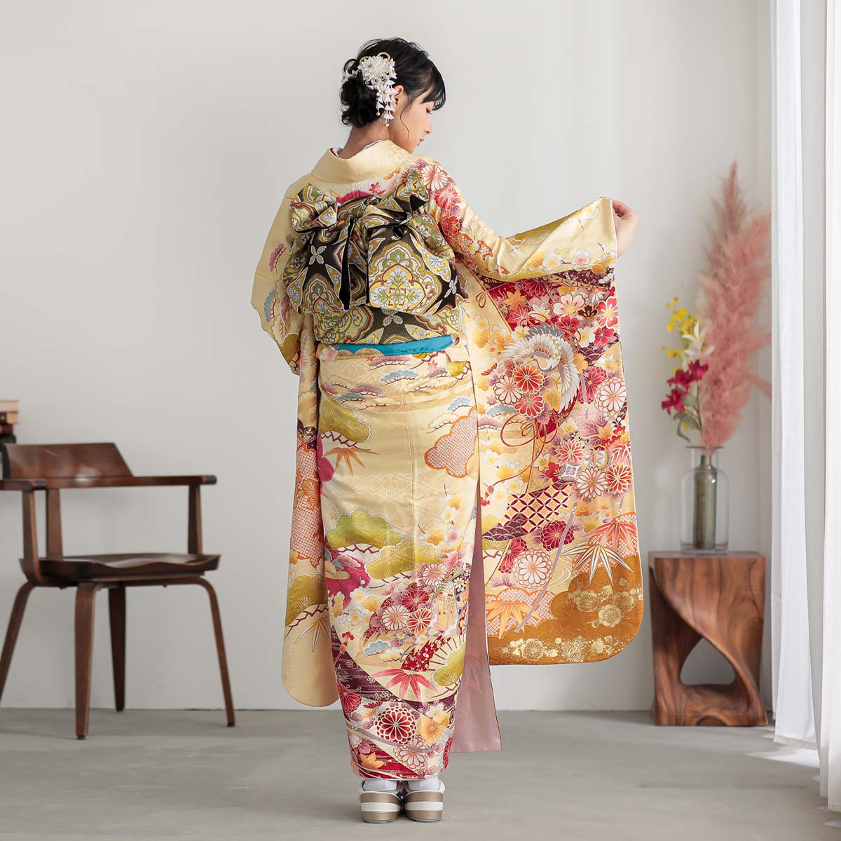 楽天市場】【成人式 振袖 レンタル】RS1733 正絹 黄色 雲取り松に鶴