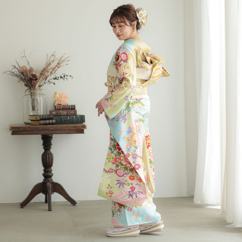 楽天市場】【成人式 振袖 レンタル】RS1865 正絹 黄ぼかし 吉祥貝桶に