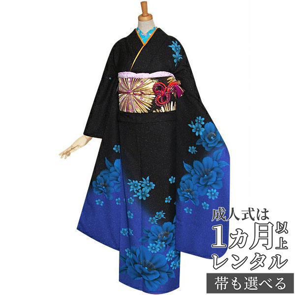 楽天市場】【成人式 振袖 レンタル】RS1192 正絹 黒×ブルー 八重桜フル