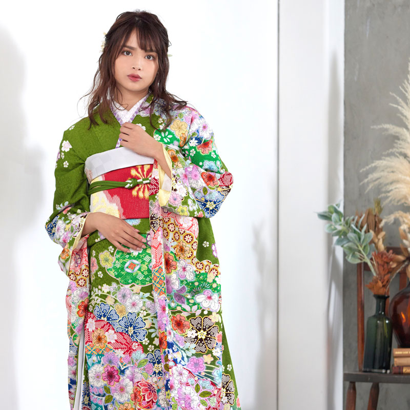 楽天市場】【成人式 振袖 レンタル】RS1128 正絹 緑 雲取桜に辻が花