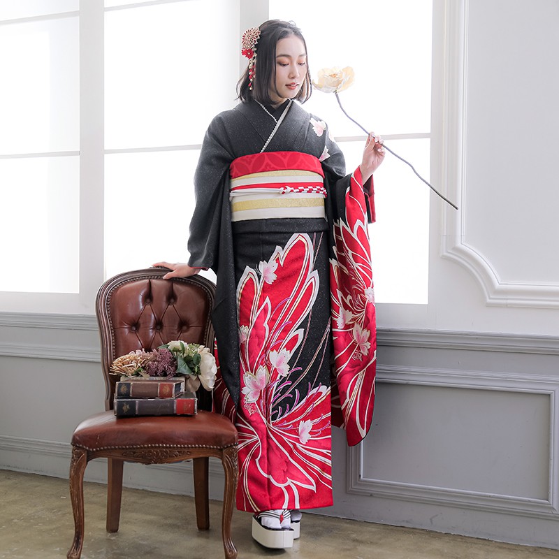 楽天市場】【成人式 振袖 レンタル】RS1228 正絹 黒 桜蝶々フルセット