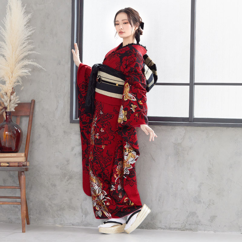 楽天市場】【成人式 振袖 レンタル】RS1229 正絹 赤 薔薇に蝶フル