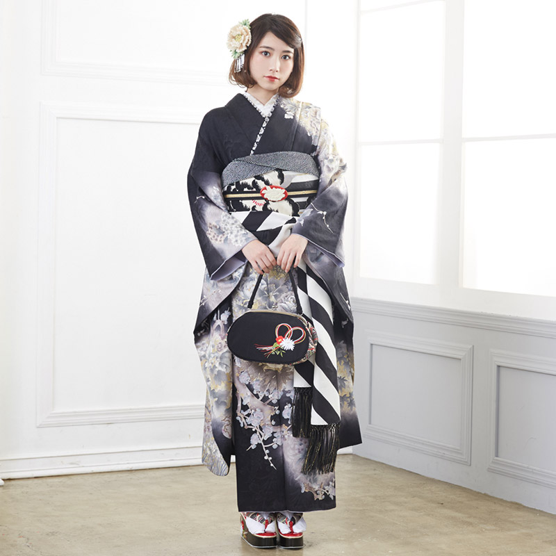 楽天市場】【成人式 振袖 レンタル】RS1382 正絹 黒 墨絵調 牡丹に槍梅