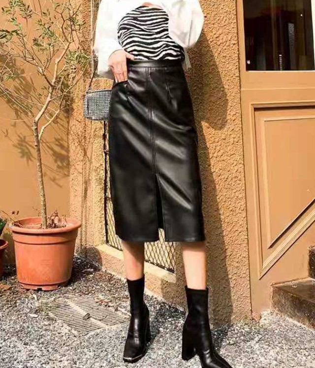 楽天市場】レザースカート タイト フェイクレザー スカート 膝丈 ハイ