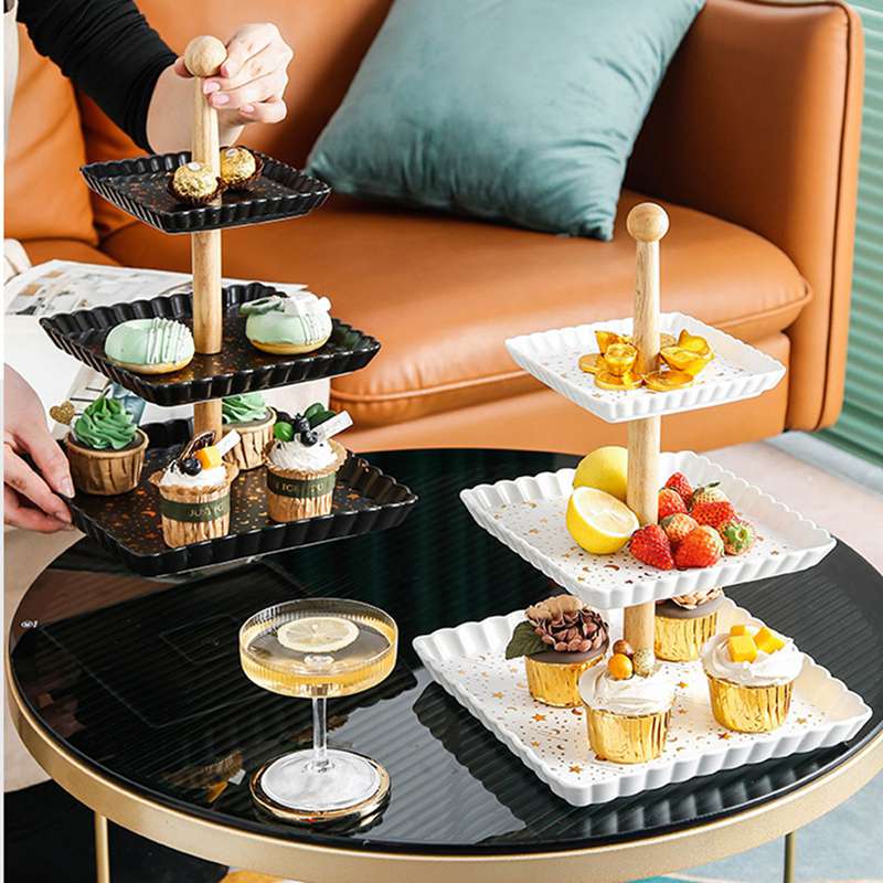 楽天市場】ケーキトレイ 3層 星 月 木製 フルーツバスケット 陶器