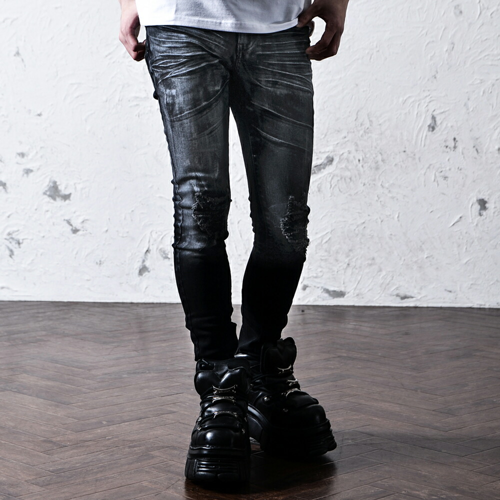 vanquish コーディング レザー デニム ダメージ加工 スキニー ブラック