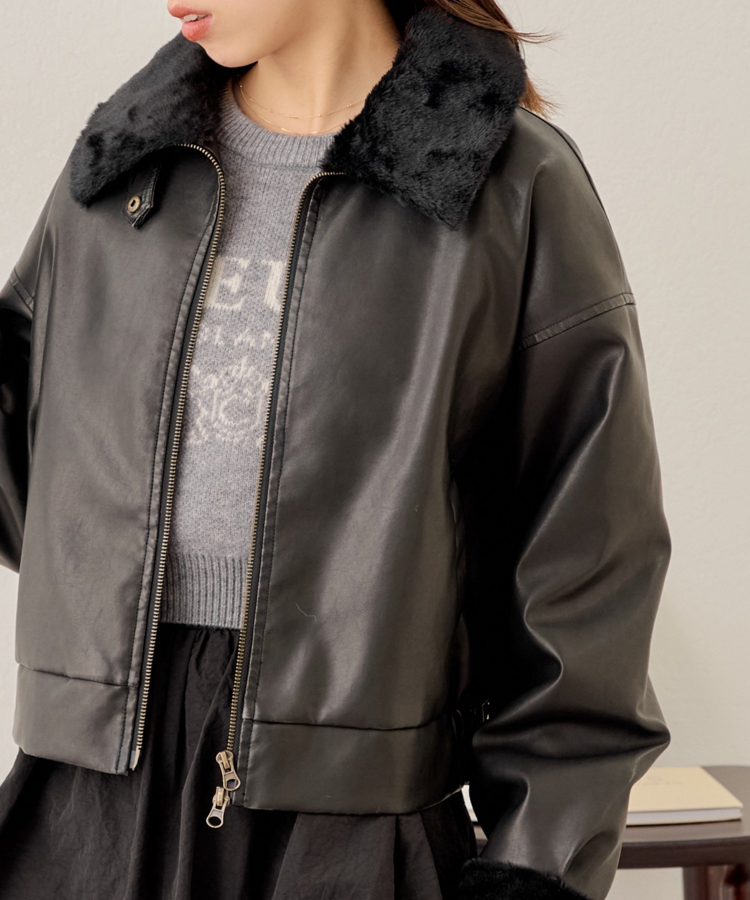 エレンディーク Vネックレザーファーブルゾン Vネックレザーファー