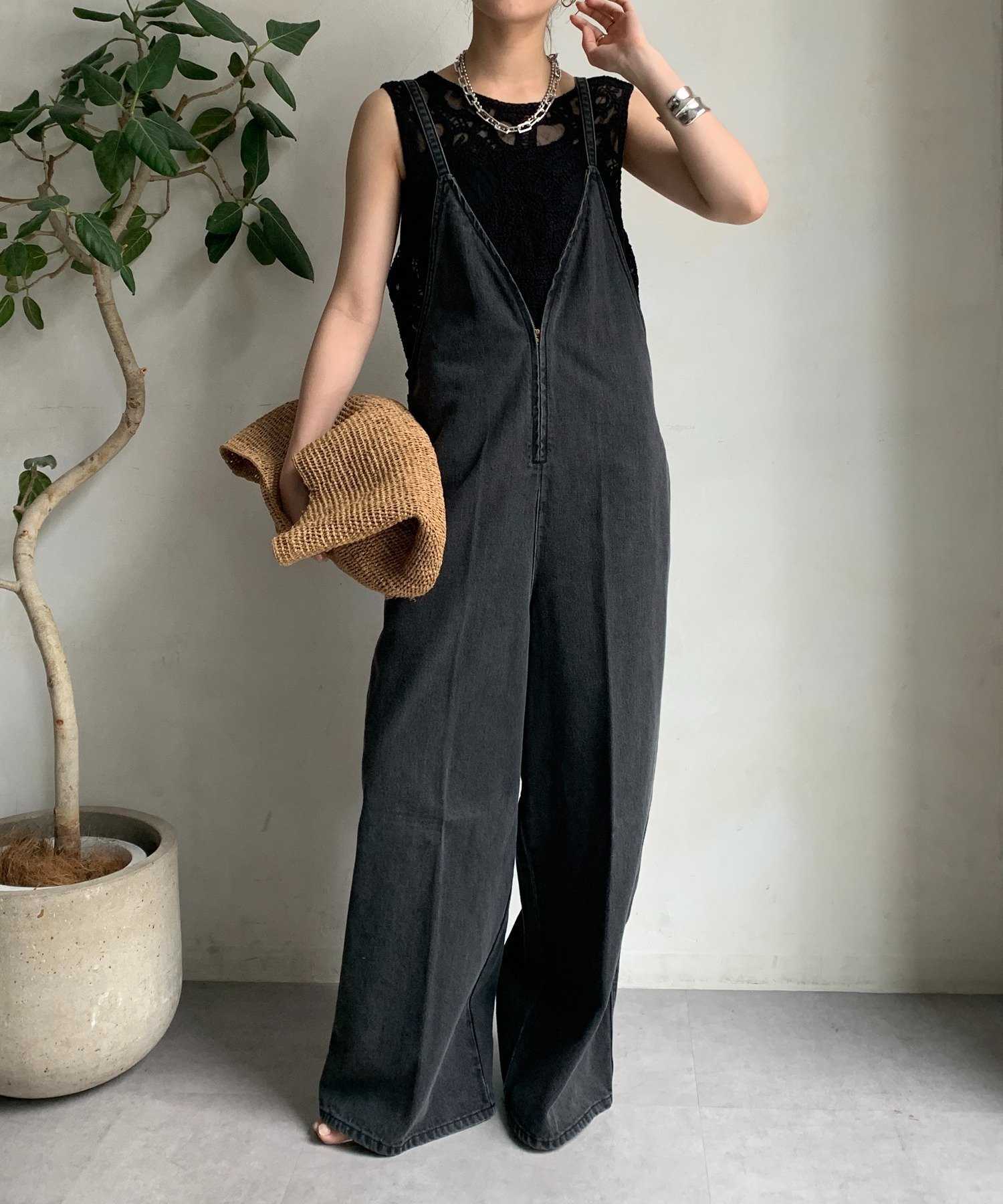 DOUDOU｜細紐デニムフロントジップサロペット | Rakuten Fashion(楽天