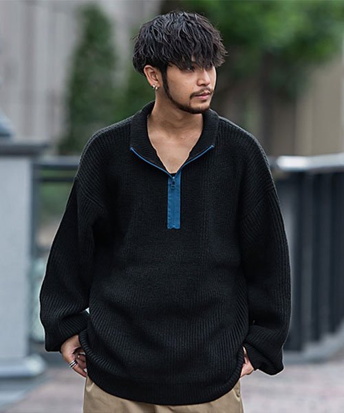 SILVER BULLET｜CavariA 方畦オーバーサイズハーフZIPハイネックニット