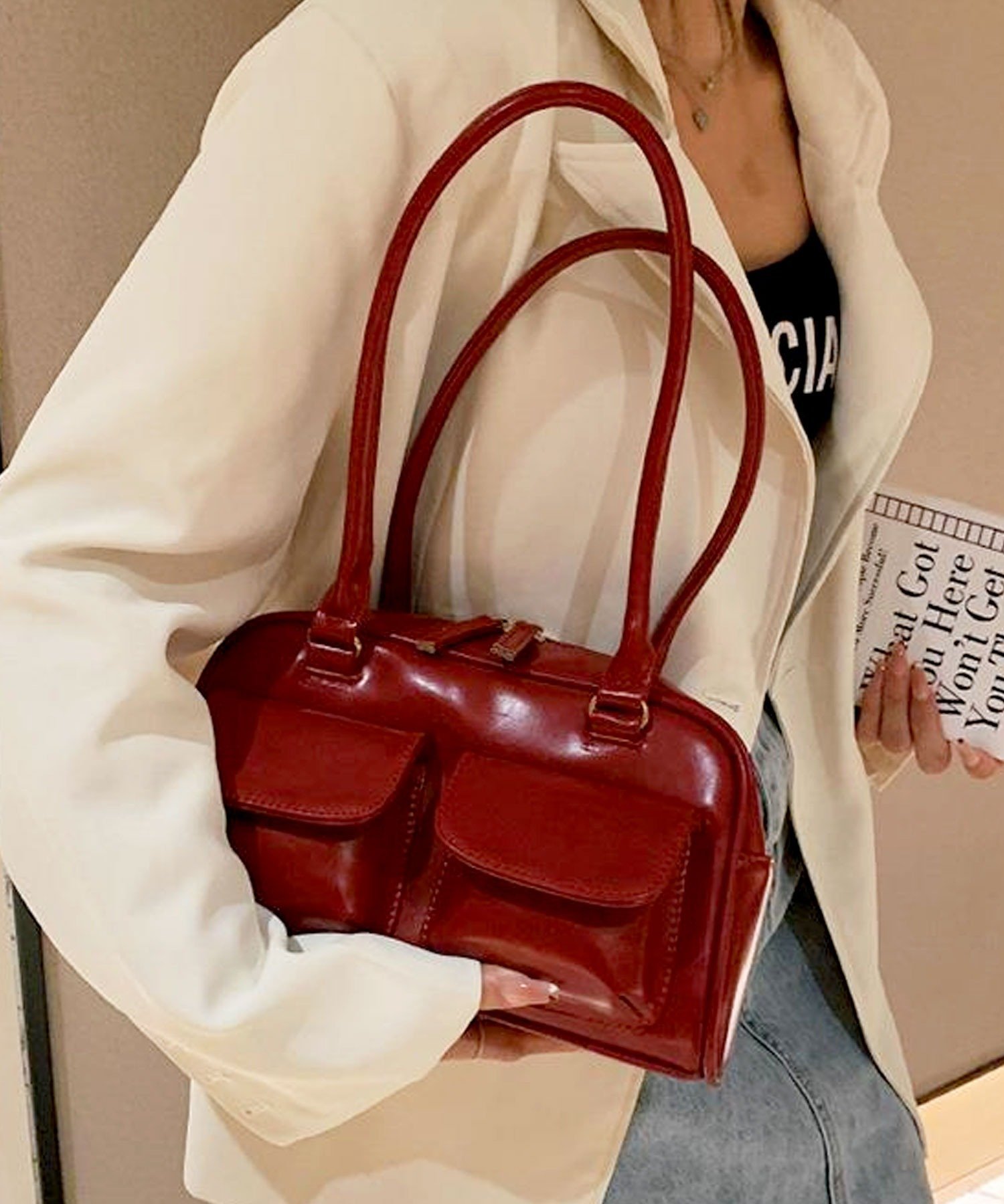 florist｜フラップダブルポケットのレザータッチボストンバッグ/トート