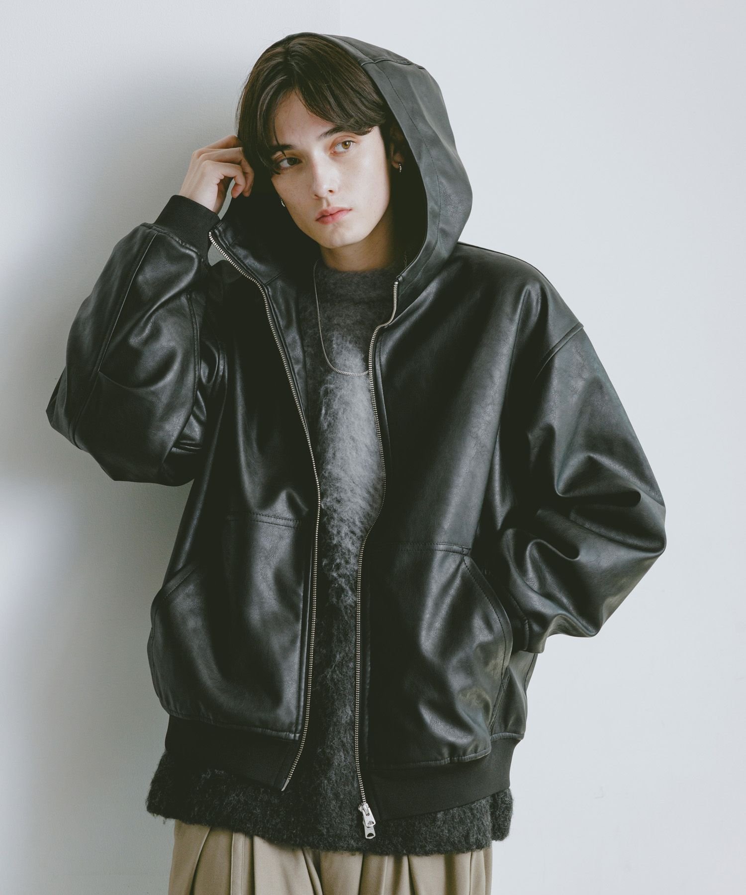 RAGEBLUE｜シンセティックレザー/ジップアップフードブルゾン