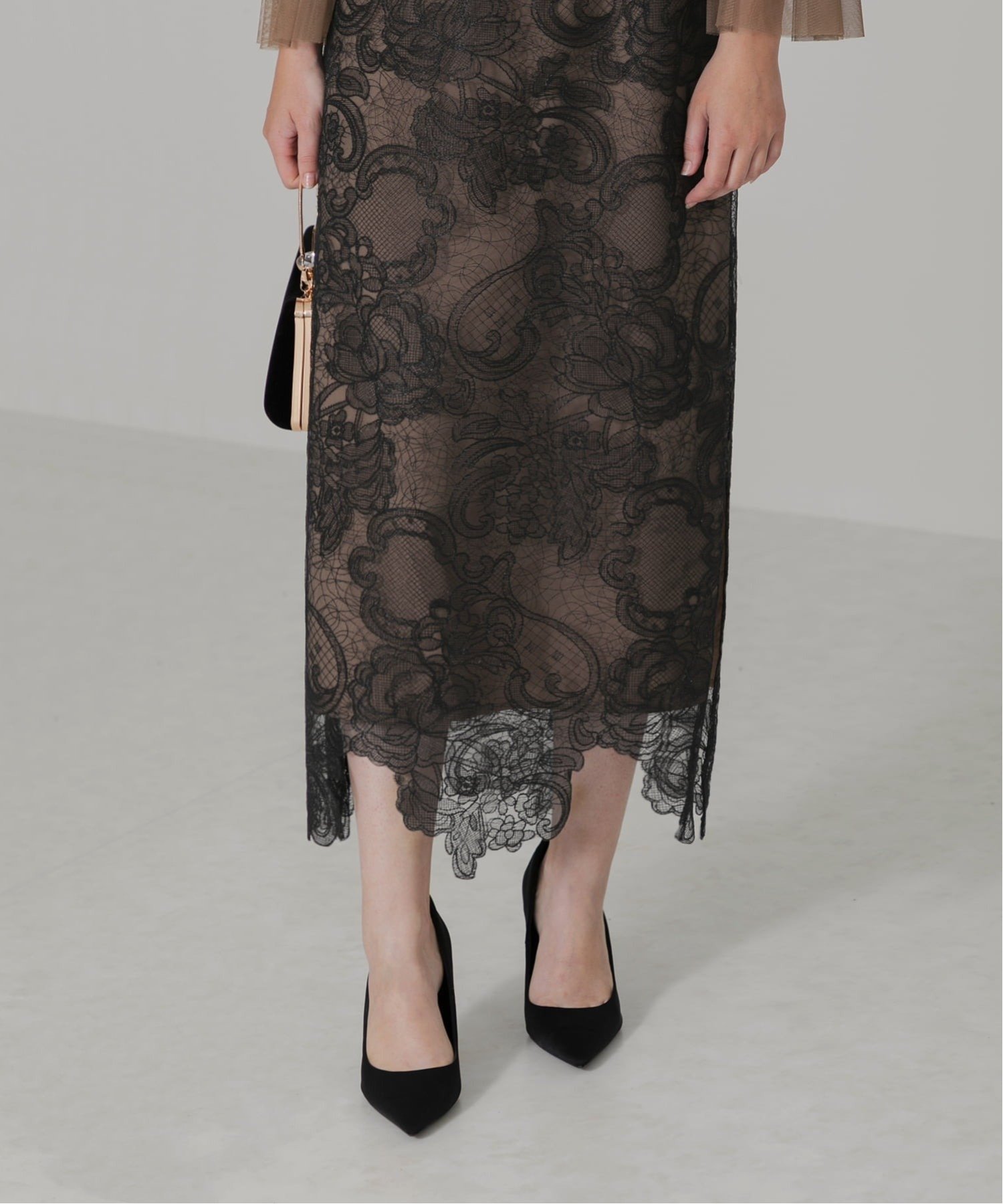 Leja｜LEJA/刺繍レース透け感プリーツ袖Iラインドレス結婚式レディース