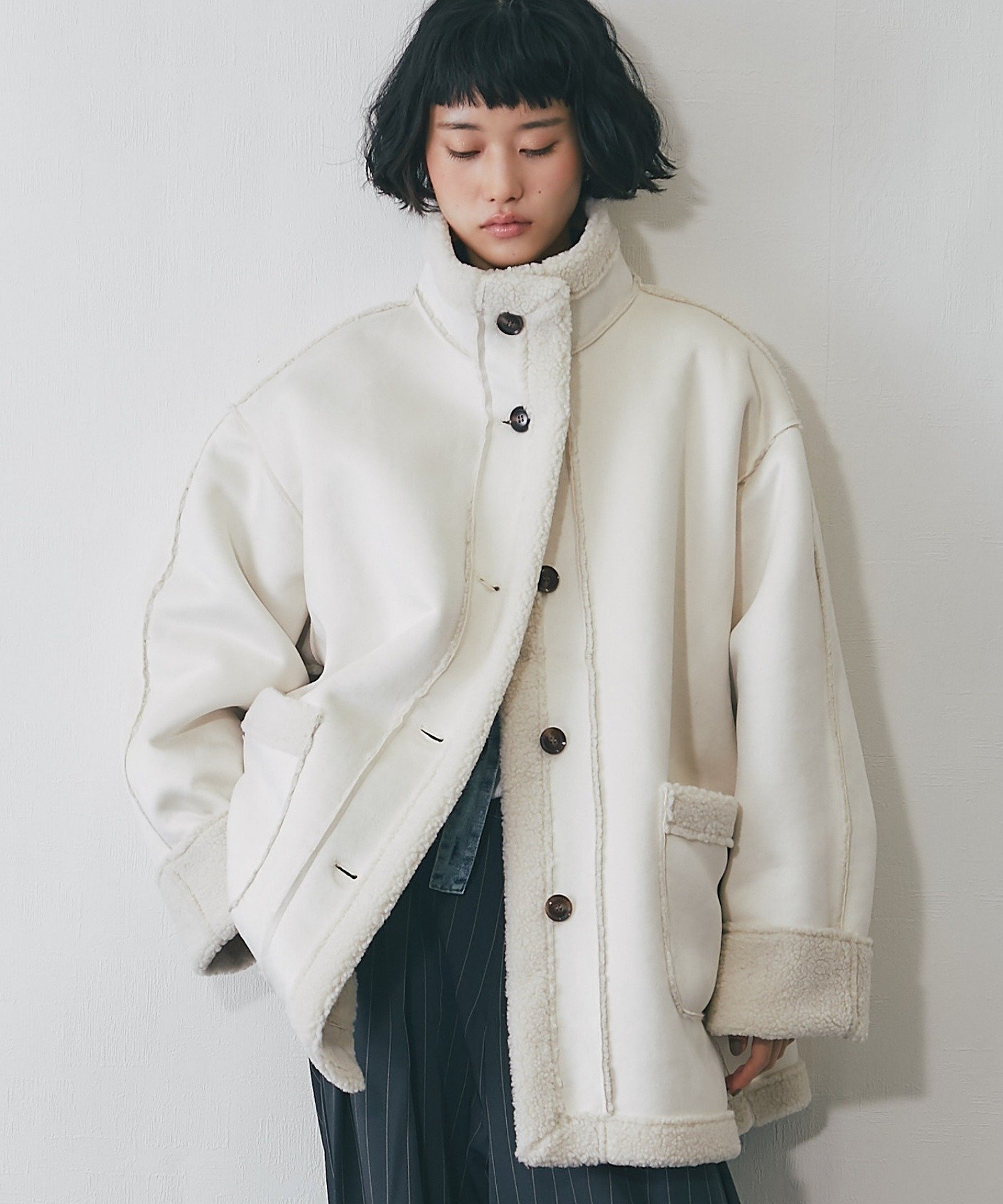 SMILE ORCHID｜フェイクムートンスタンドコート | Rakuten Fashion