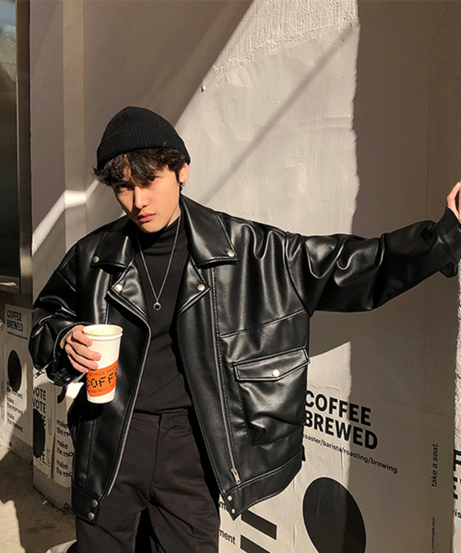 chuclla｜オーバサイズビッグポケットPUレザーライダースジャケット