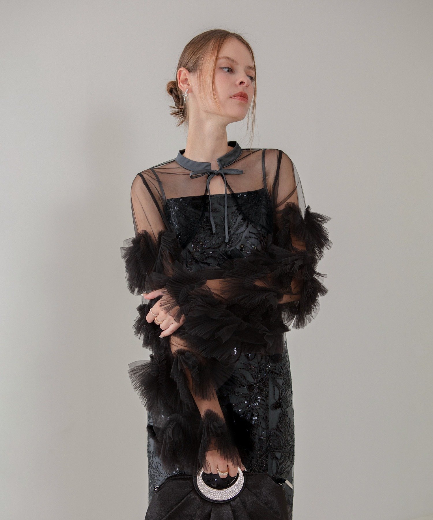 Leja｜Leja-フリルチュールスリーブリボンIラインワンピースドレス結婚