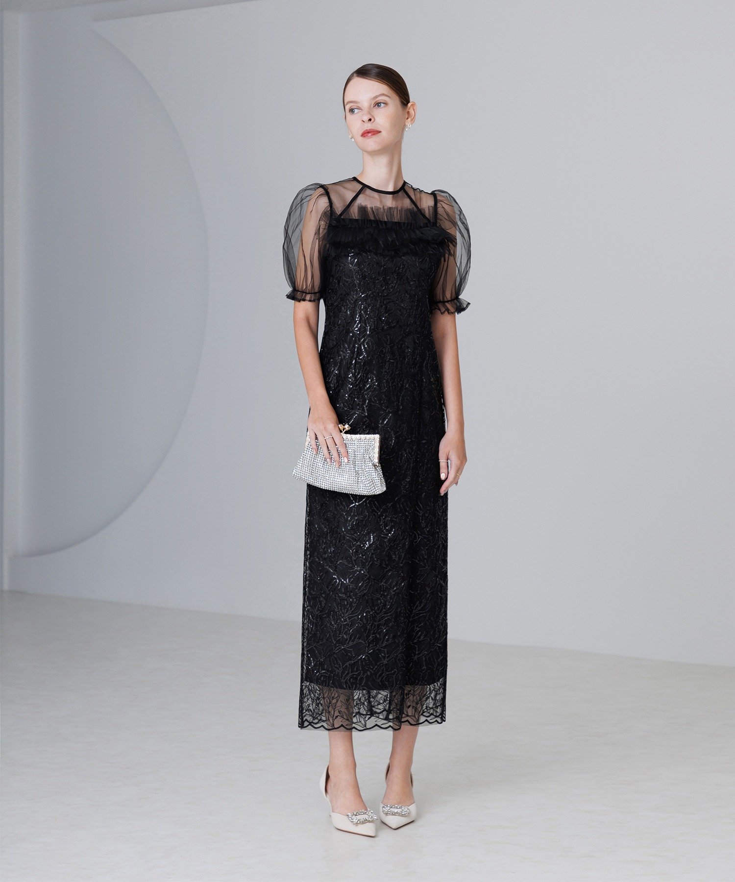 Leja｜Leja-チュールフラワースパンコールIラインワンピースドレス